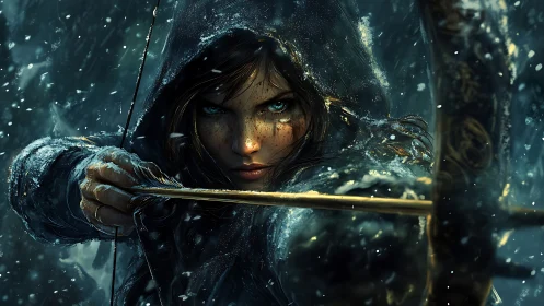 Hooded female archer drawing bow in dense winter snowfall.
