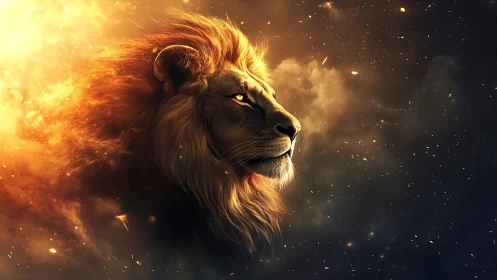 Lion portrait in glowing cosmic fire and dark space.