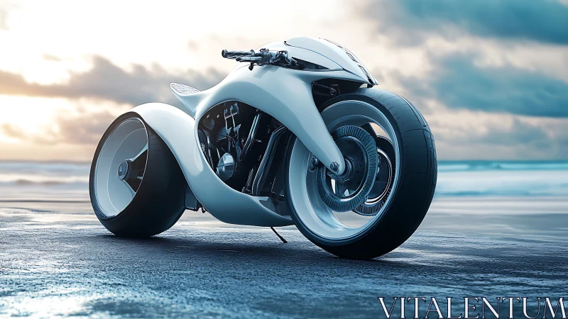 Streamlined concept motorcycle on wet coastal roadway.