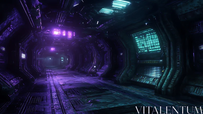 Neon lit sci fi corridor with dark industrial panels.