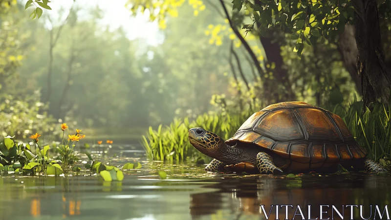 Turtle at shallow forest pond edge under soft daylight.