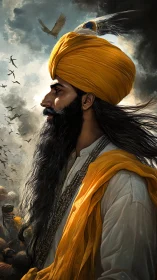Profile study of turbaned man with birds under cloudy sky.