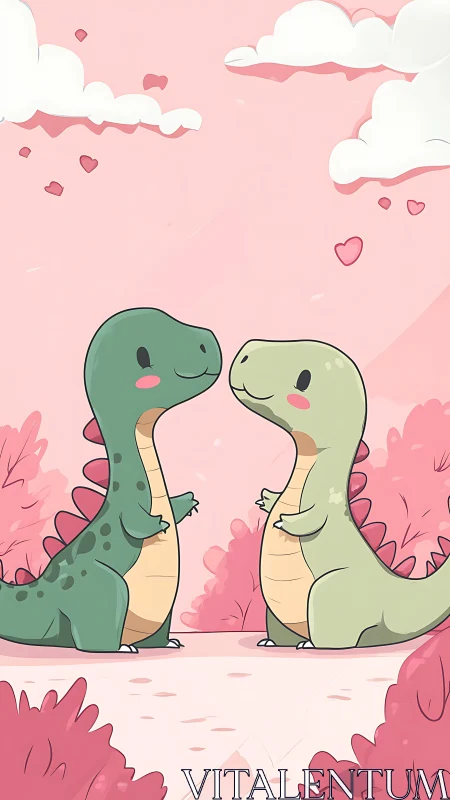 Two Dinosaurs Sharing a Heartfelt Moment in Pink Paradise.