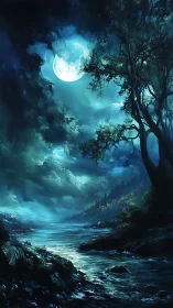 Moonlit river flows beneath storm clouds and dense trees