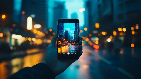 Smartphone frames neon-lit rainy city street perspective.