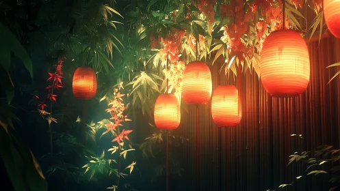 Lantern-lit bamboo path glowing with quiet evening magic.