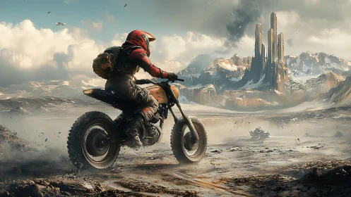 Desert biker crosses alien wasteland toward jagged spires.