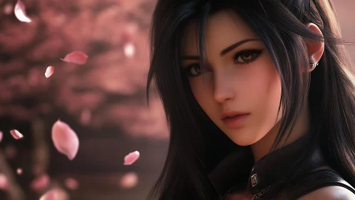 Gentle anime heroine under softly drifting petals.