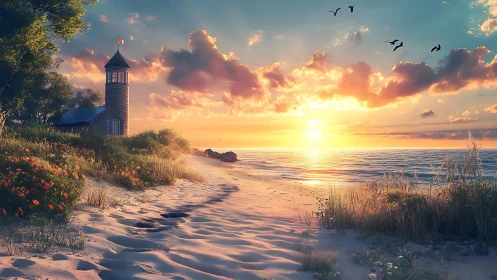 Lighthouse by sandy shore under warm sunset sky.