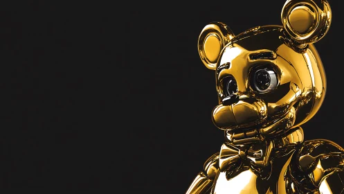 Golden robotic teddy bear bust rendered on dark background