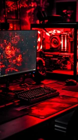 Desktop gaming workstation is illuminated by red LED lighting