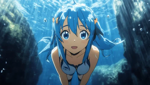 Blue haired swimmer exploring a sunlit underwater world.