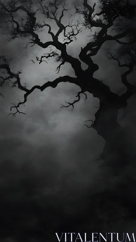 Twisted dead tree rises sharply through dense night fog