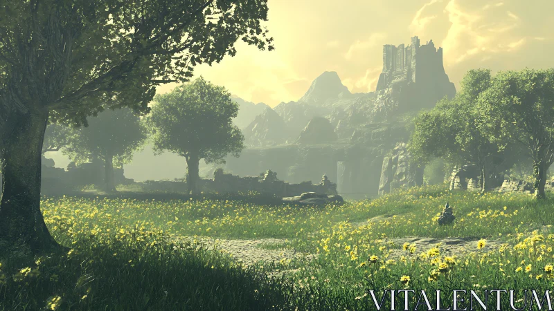 Sunlit wildflower meadow leading toward a misty cliff castle.