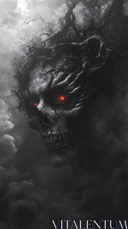 Stormy skull of roots gazes out with eerie ember eyes