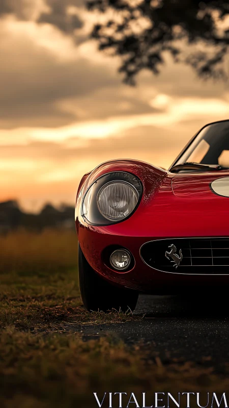 Vintage red sports coupe front profile at sunset roadside.