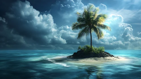 Solitary Palm Island: Tropical Oasis Digital Composition.