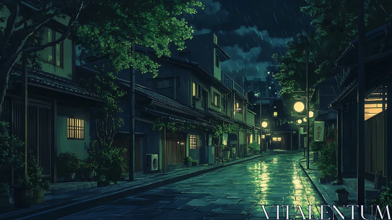 Quiet rainy night falls over a lantern lit Japanese street