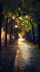 Lantern-kissed city walkway under whispering autumn leaves.