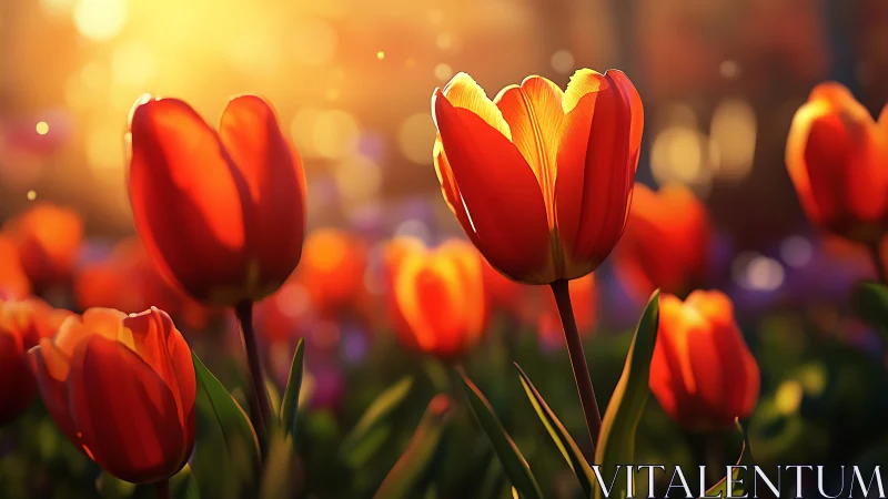 Red Tulips Glowing in Warm Sunset Light with Bokeh
