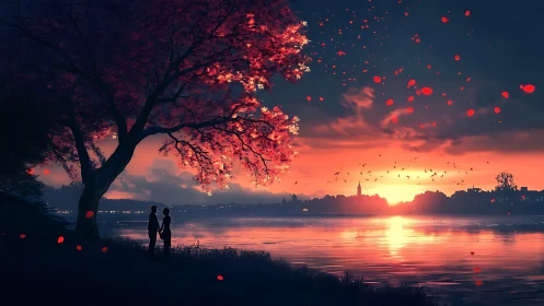 Silhouetted couple beneath luminous cherry tree at golden sunset over water.
