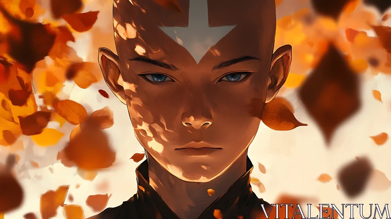 Serene bald figure amid swirling autumn leaves, warm light.