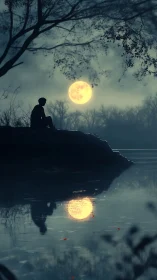 Solitary figure watches full moon over misty lakeshore