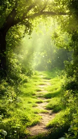 Luminous Forest Canopy Tunnel with Dappled Sunlight Passage