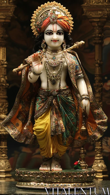 Jeweled Hindu deity statue glows in opulent golden shrine.