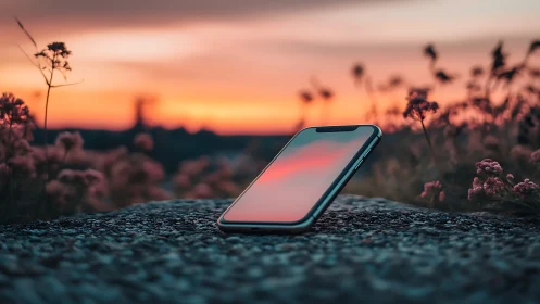Smartphone displays sunset on desert ground with wildflowers