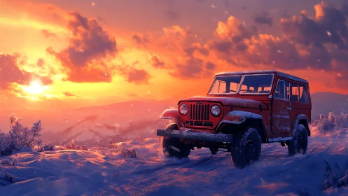 Snow-dusted red jeep greeting a blazing winter mountain sunrise.