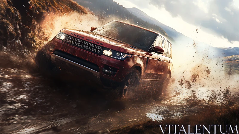 Mud-slinging red SUV carves wild arcs through mountain storm.