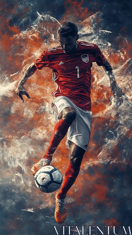 Soccer player drives ball through swirling fire and smoke