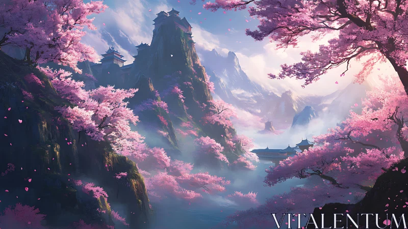 Snowy mountain temples amid radiant cherry blossom haze.