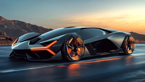 Futuristic hypercar glows with neon accents at sunset road.