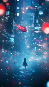 Child and glowing fish wandering a dreamy neon city night.