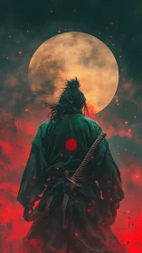 Lone samurai silhouette under blood moon with ember haze.
