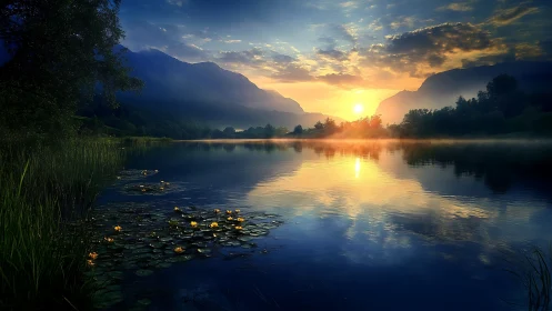 Sunrise over alpine lake renders luminous atmospheric reflections