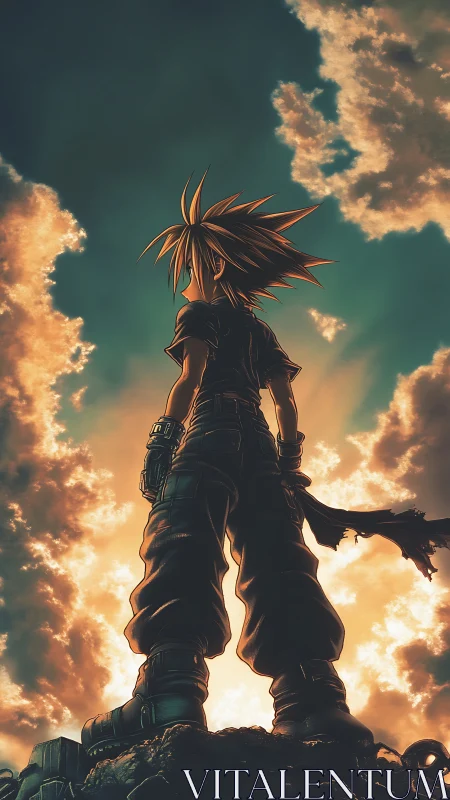 Heroic anime silhouette under dramatic backlit sky composition.