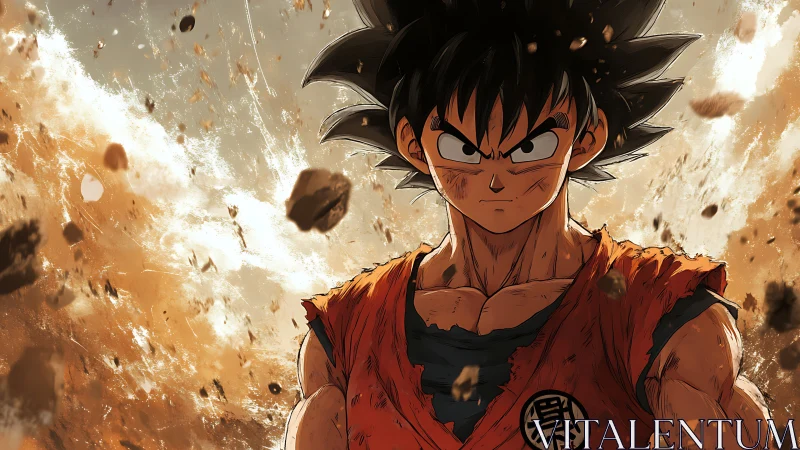 Battle-worn anime fighter framed by dynamic debris dispersion field