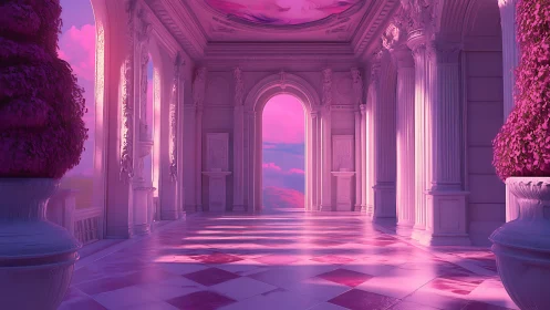 Dreamlike pink palace corridor opens to glowing sunset sky.