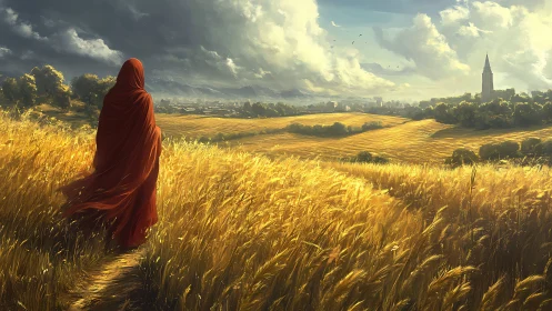 Cloaked traveler in golden wheat field under dramatic sky