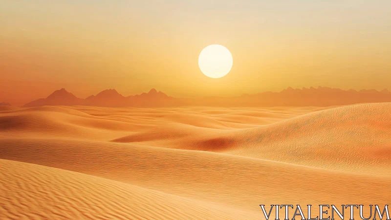 Golden desert sunrise over softly sculpted sand dunes.