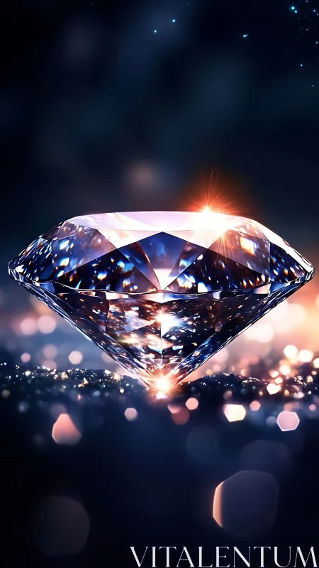 Photorealistic faceted diamond with cosmic bokeh illumination.