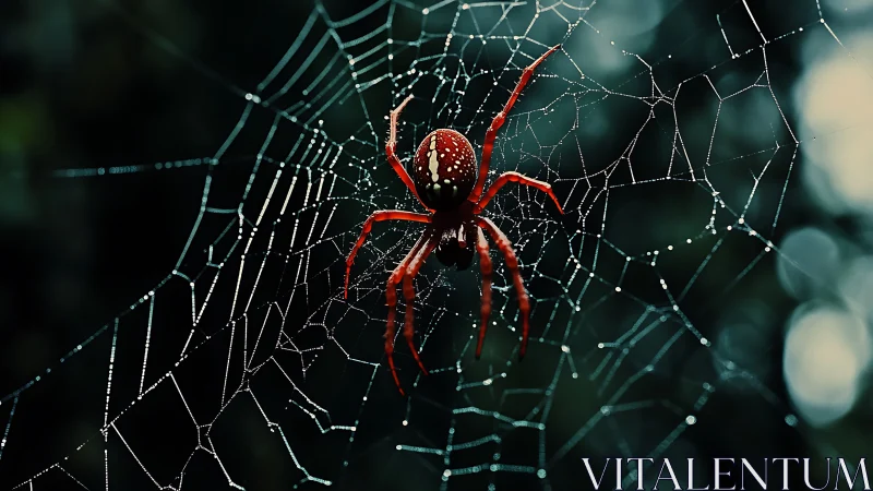 Red spider centered on dewy web in dark woodland setting.