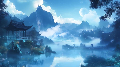 Moonlit lakeside temple in a dreamlike blue mountain haze.