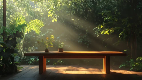 Sunlit wooden table anchors a tranquil indoor garden scene.