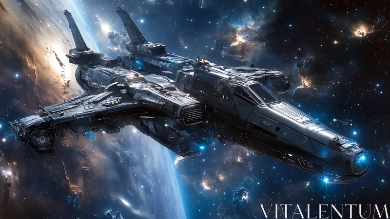 Starlit warship glides through nebula-lit galactic crossroads.