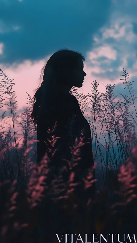 Backlit female silhouette stands in dusk meadow against cyan sky