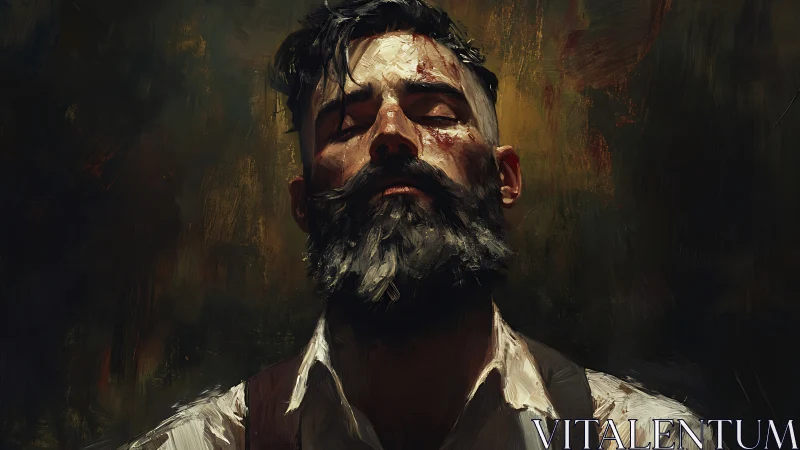 Bearded man in contemplative pose under dramatic light.